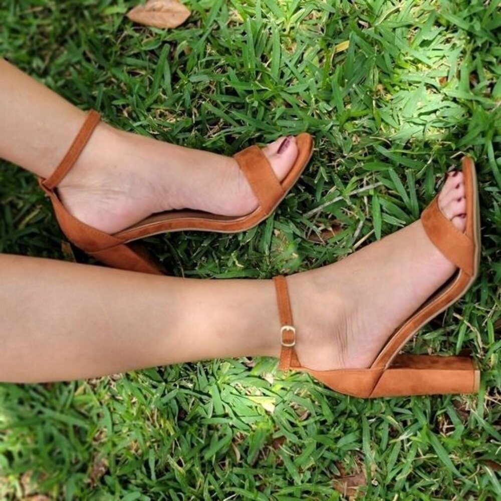 Tan Suede Ankle Strap Block Heel Dress Sandals - Picture 9 of 11